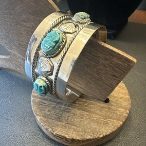 Egyptian Faience Scarab Cuff Bedouin Silver Bracelet Turquoise Stone Bead
